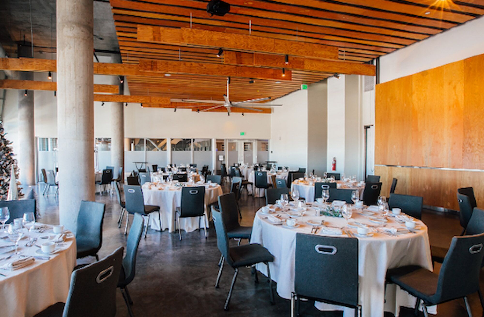 A large dining room with round tables and blue chairs